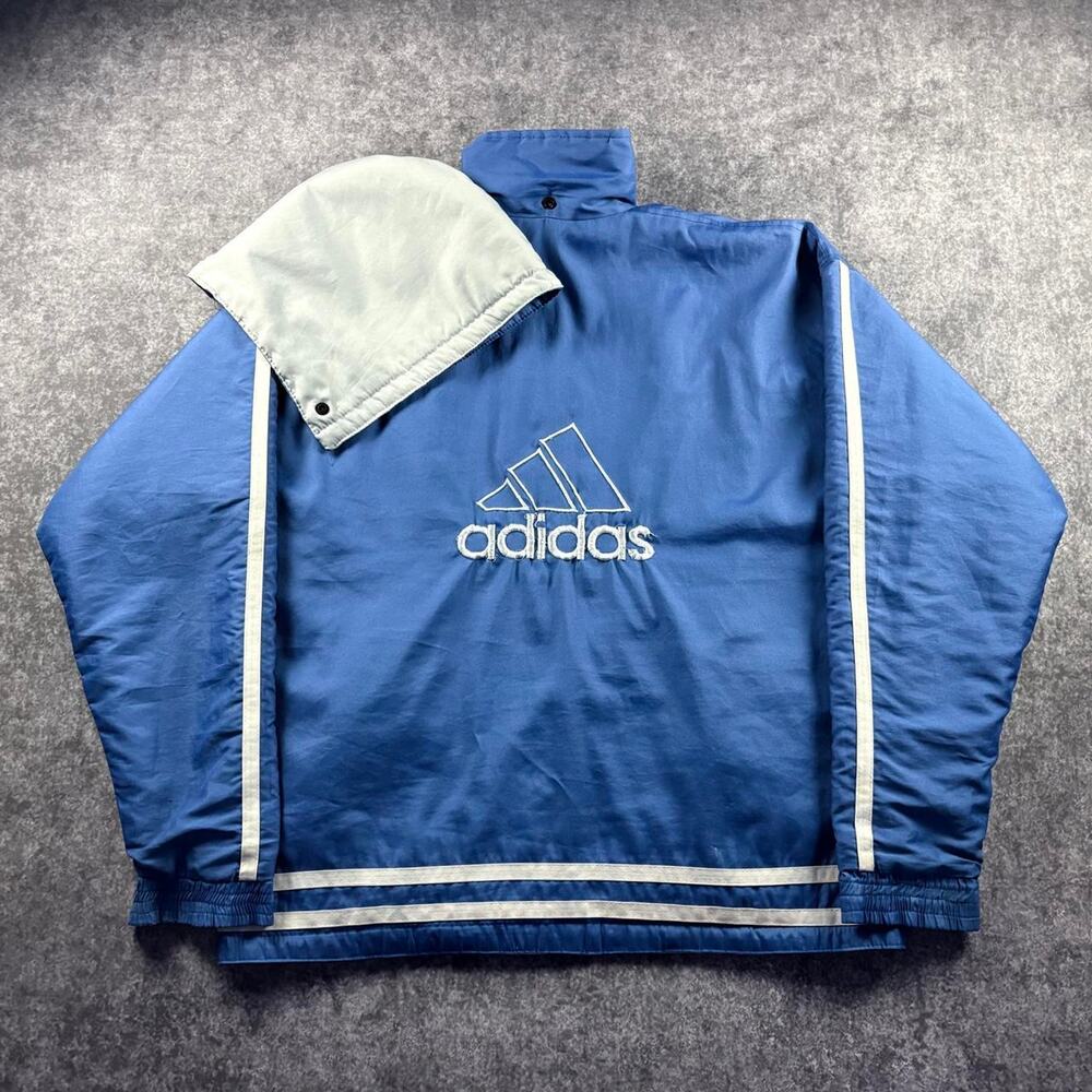 Vintage Adidas Reversible Windbreaker Blue Gray Detachable Hood Big Logo Y2K
